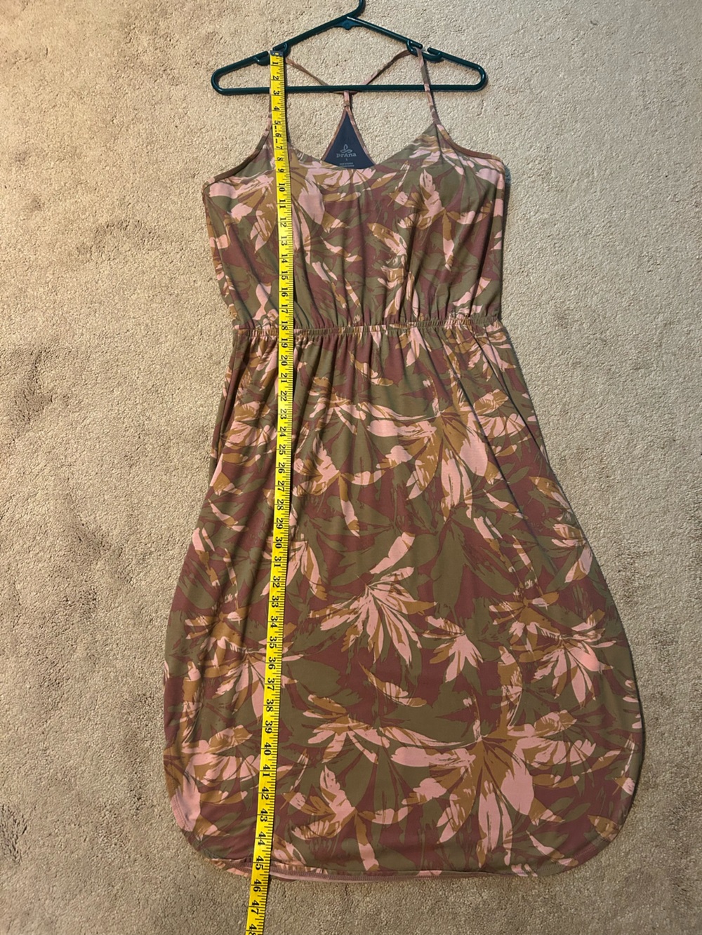 Women's Prana Floral Leaf Print Strap Dress Pink Olive & Brown size large - Picture 10 of 10